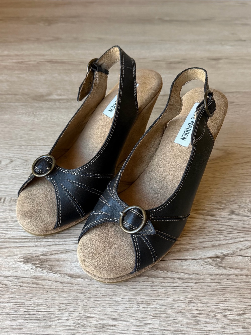 Steve Madden Leather Slingback Peep Toe Wedge Sandals - Women's Size 7M